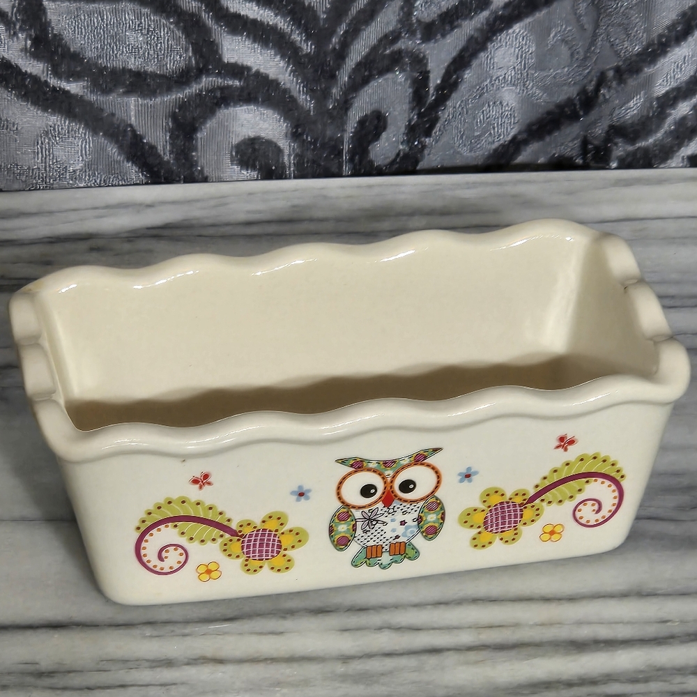 Cream Ceramic Loaf Pan with Vintage Floral And Owl Design